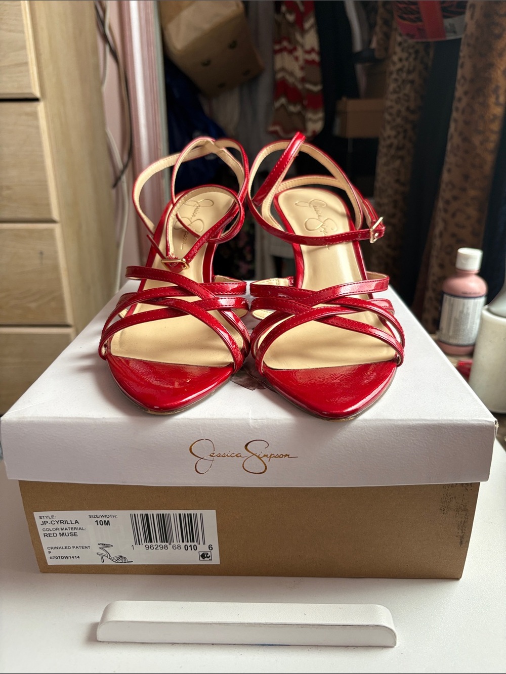 Jessica Simpson Red Strappy Pointed Toe Stiletto Sandals with Ankle Wrap